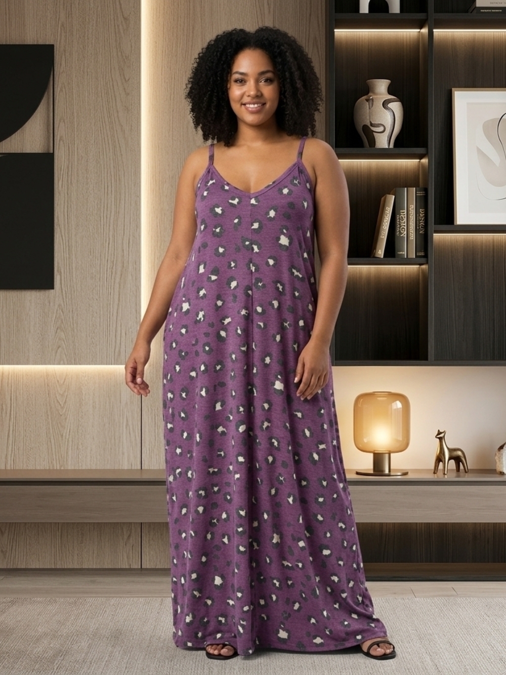 Zenana Outfitters Purple Leopard-Print Maxi Spagetti Strap Dress